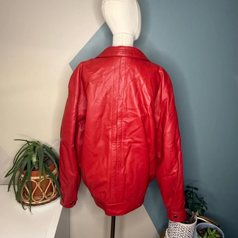 Vintage 90s Red Leather Bomber Jacket STRIWA Croatia SALMI Zip Oversized 40 - Picture 5 of 13
